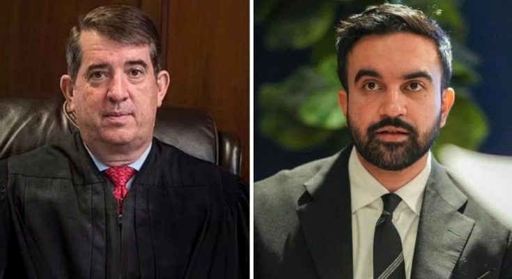 side-by-side portraits of a judge in black robes and a man in a gray suit with striped tie