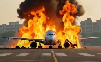 airplane engulfed in flames on runway during daytime