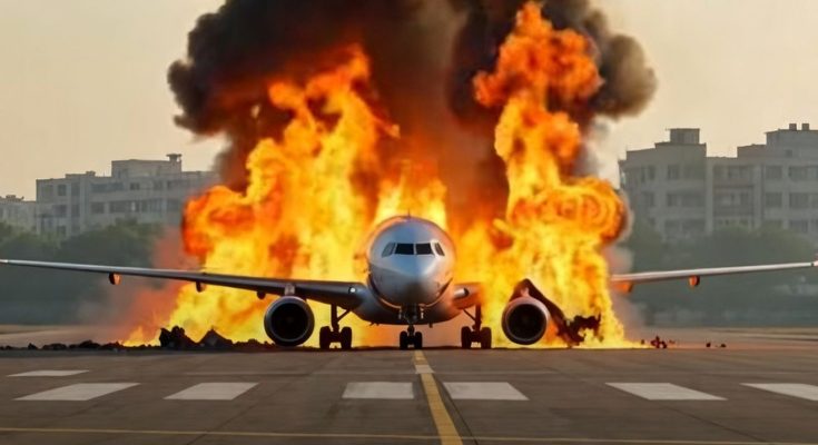 airplane engulfed in flames on runway during daytime
