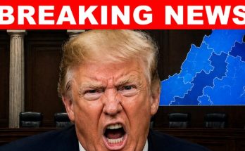 donald Trump shouting in courtroom setting with Virginia map and Breaking News banner