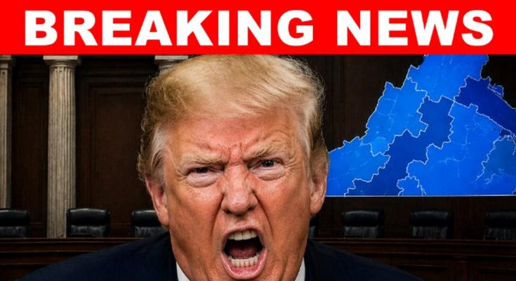 donald Trump shouting in courtroom setting with Virginia map and Breaking News banner