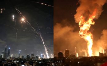 nighttime city skyline with missile defense and explosion, dramatic scene