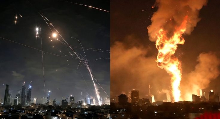 nighttime city skyline with missile defense and explosion, dramatic scene