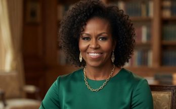 michelle Obama seated in elegant green dress with gold jewelry in formal library setting