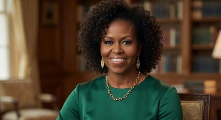 michelle Obama seated in elegant green dress with gold jewelry in formal library setting