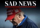 donald Trump wearing red MAGA hat and navy jacket stands in rain beneath SAD NEWS headline