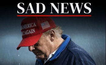 donald Trump wearing red MAGA hat and navy jacket stands in rain beneath SAD NEWS headline
