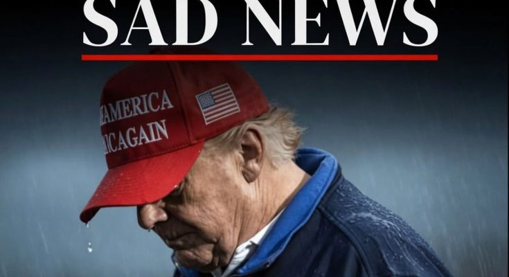 donald Trump wearing red MAGA hat and navy jacket stands in rain beneath SAD NEWS headline
