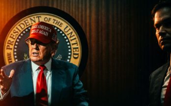 donald Trump wearing red MAGA hat speaking at podium with presidential seal, security