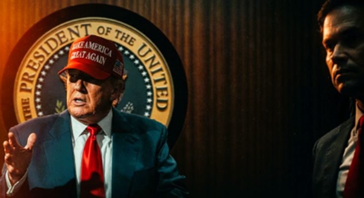 donald Trump wearing red MAGA hat speaking at podium with presidential seal, security