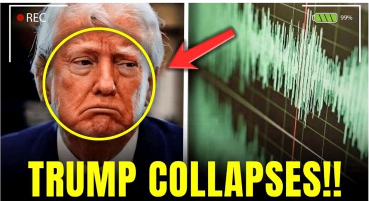 donald Trump with downturned expression circled in yellow beside plunging green stock