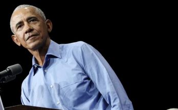 barack Obama speaks at podium for Spanberger campaign event with text about Virginia map