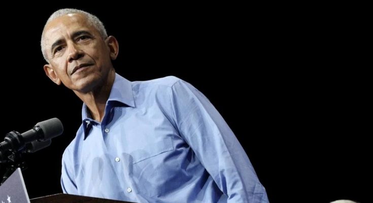 barack Obama speaks at podium for Spanberger campaign event with text about Virginia map