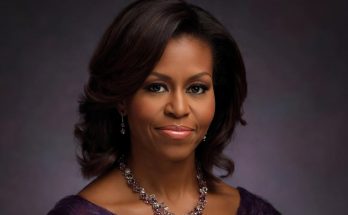 elegant woman in purple dress with jewelry, smiling confidently
