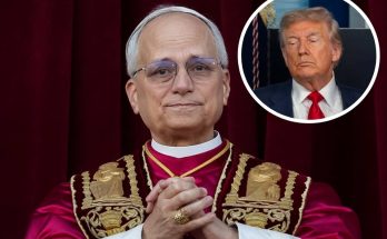 pope Leo XIV in ornate crimson and gold vestments with clasped hands, inset image of