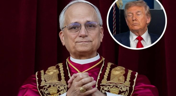 pope Leo XIV in ornate crimson and gold vestments with clasped hands, inset image of