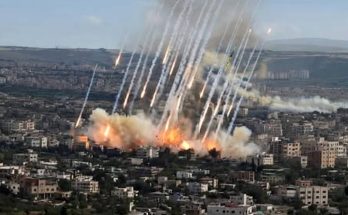 explosive bombardment over city with rockets and smoke clouds