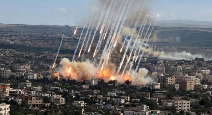 explosive bombardment over city with rockets and smoke clouds