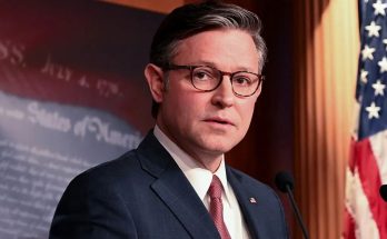 speaker Mike Johnson at podium above, veterans protesting with 'End the War on Iran'