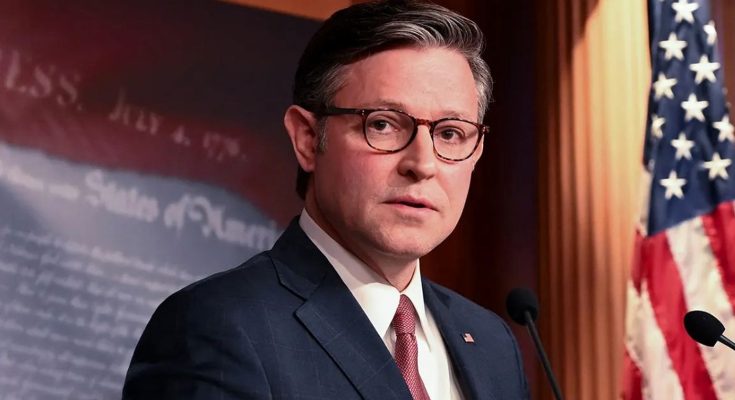 speaker Mike Johnson at podium above, veterans protesting with 'End the War on Iran'