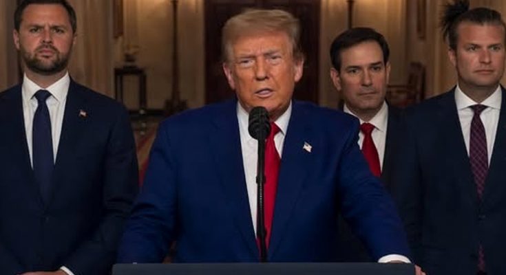 political leaders at podium with Iranian flags and protest