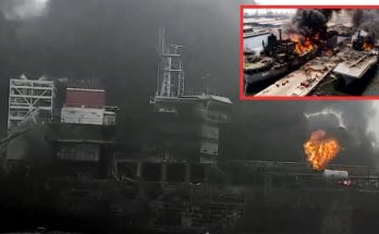 american container ship named PRTER engulfed in flames with Russian flag and fighter jets