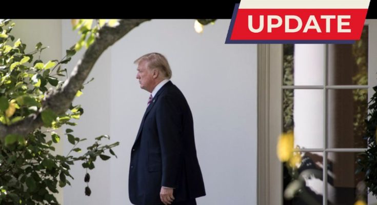 Donald Trump walking outside the White House in a dark suit, with an UPDATE banner and
