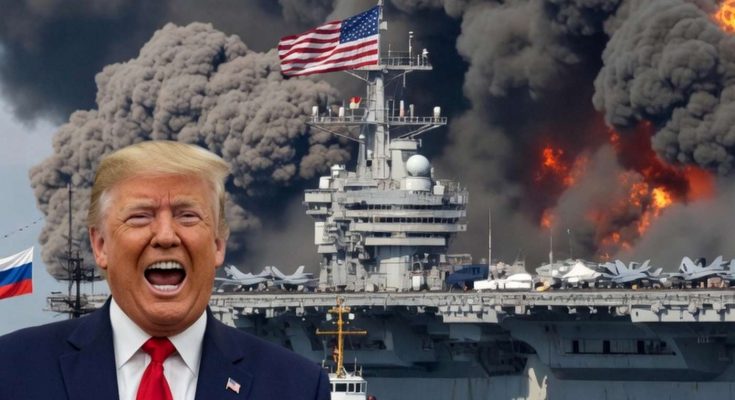 political leader in front of burning aircraft carrier with smoke