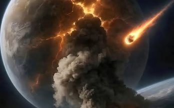 meteor impact on planet with fiery explosion and smoke