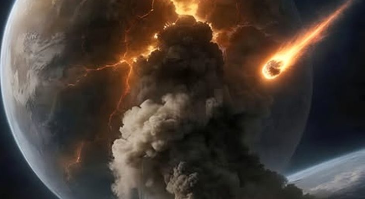 meteor impact on planet with fiery explosion and smoke