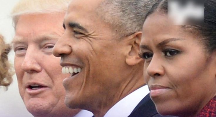 barack Obama and Michelle with Donald Trump in formal setting