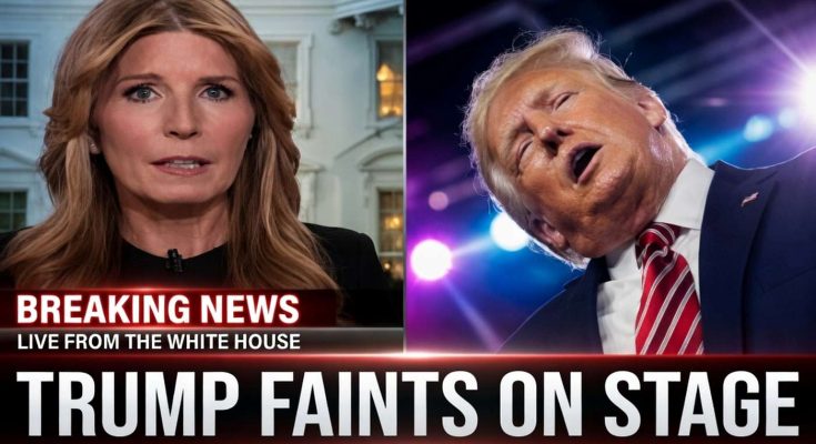 news anchor reports on Trump fainting, stage lights visible