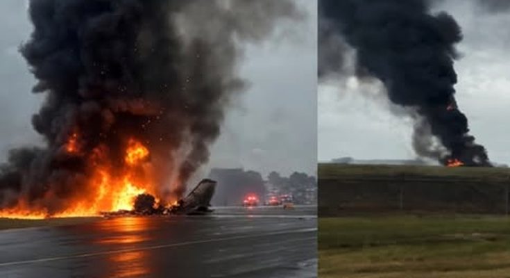 fiery plane crash on runway with thick smoke rising