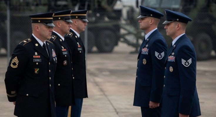 military honor guard stands beside flag-draped coffin at ceremony