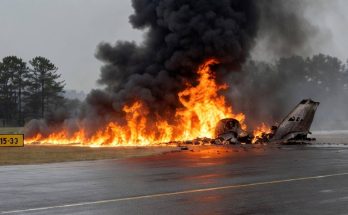 fiery plane crash on wet runway with thick smoke rising