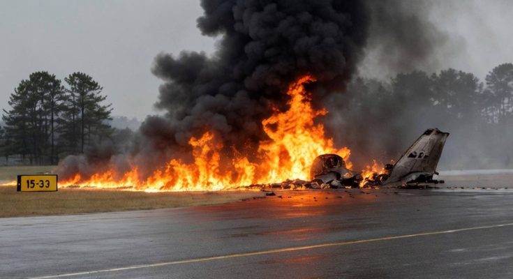 fiery plane crash on wet runway with thick smoke rising