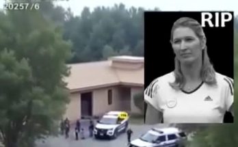 police vehicles gather outside house, inset of woman with 'RIP' text