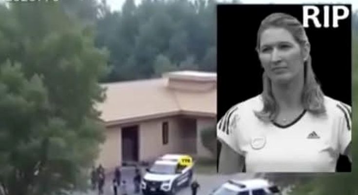 police vehicles gather outside house, inset of woman with 'RIP' text