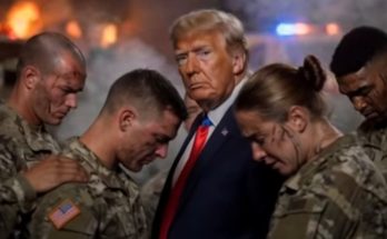 trump standing solemnly with soldiers in dramatic setting