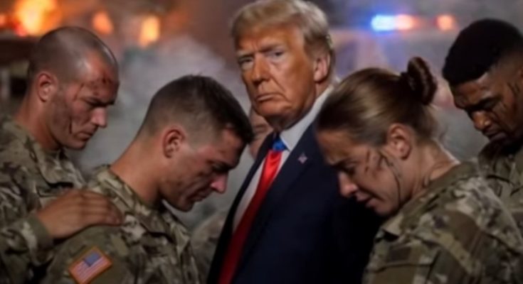 trump standing solemnly with soldiers in dramatic setting