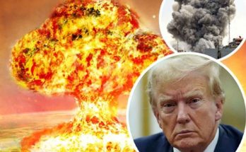 explosive mushroom cloud with political figure and city smoke, focus on crisis