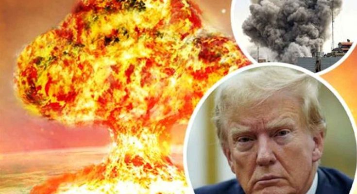 explosive mushroom cloud with political figure and city smoke, focus on crisis