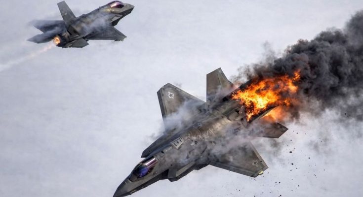 military jet in flames during aerial combat exercise