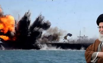 ship explosion at sea with smiling cleric in foreground
