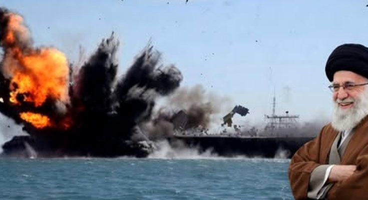 ship explosion at sea with smiling cleric in foreground