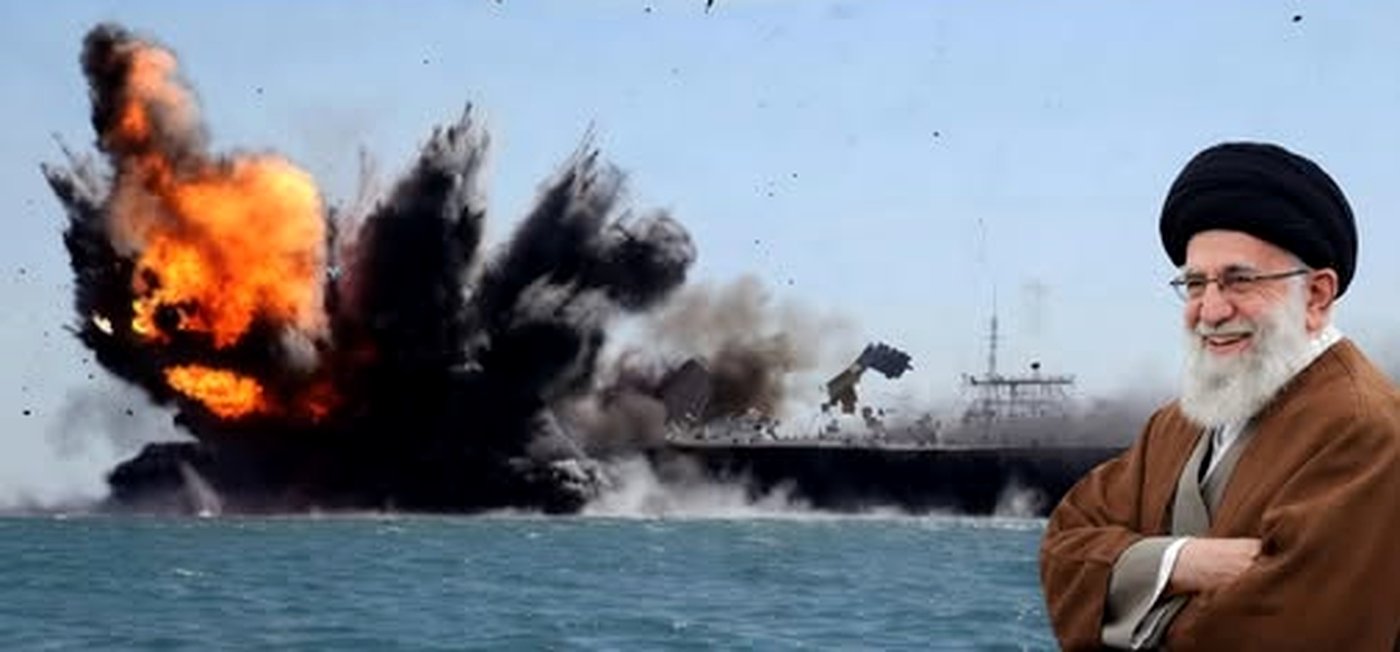 ship explosion at sea with smiling cleric in foreground