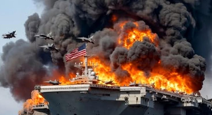 aircraft carrier engulfed in flames with jets overhead