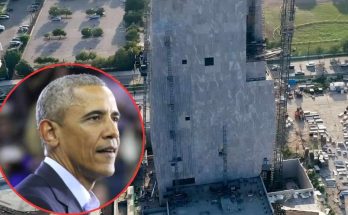obama Presidential Library construction aerial view with bold headline