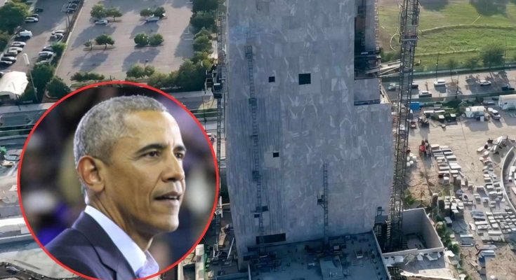 obama Presidential Library construction aerial view with bold headline