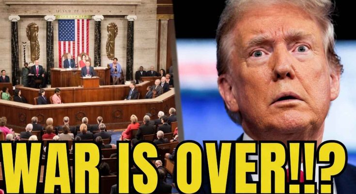 politicians in assembly with bold headline 'War is Over!!?'